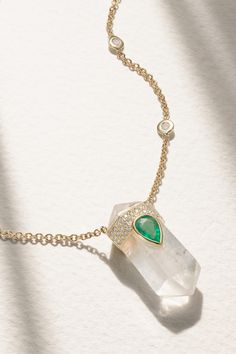 The clear quartz on Jacquie Aiche's necklace is set with a myriad of gems that give it a truly ethereal appearance. Crafted from 14-karat gold, it's strung with bezel-set diamonds along the fine chain to complement the pavé pendant and is centered with a single teardrop emerald. Jewelry With Gemstones, Clear Quartz Jewelry, Gemstone Setting, Jacquie Aiche, Jewelry Post, Pave Pendant, Ramy Brook, Bezel Set Diamond