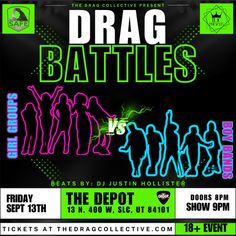 the poster for drag battles with neon colors