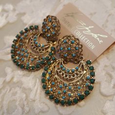 Nwt, Kenneth Jay Lane Couture Collection, Goldplated Earrings With Small Dark Green Cabochons And Small Turquoise Beads. Stunning Earrings. Has An Elegant Ethnic Look. Very Light. 2inches Bohemian Earrings For Evening, Bohemian Evening Earrings, Elegant Blue Metal Clip-on Earrings, Festive Costume Jewelry Metal Earrings, Festive Metal Costume Jewelry Earrings, Festive Metal Costume Earrings, Festive Round Costume Jewelry Earrings, Elegant Turquoise Metal Chandelier Earrings, Turquoise Jewelry For Party