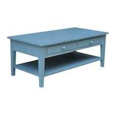 a blue coffee table with two drawers on one side and an open shelf on the other