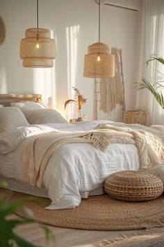 a bedroom with wicker lamps hanging from the ceiling