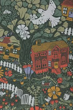 an image of a house in the woods with flowers and birds flying around it on a green background