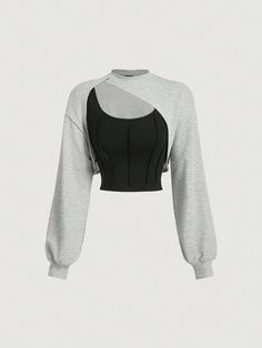 2pcs Women's Asymmetrical Casual Sweatshirt Set, Grey Fall Sweatshirts Women Two Piece Sets Asymmetrical Top Grey Casual  Long Sleeve Knitted Fabric Plain Pullovers Medium Stretch  Women Clothing, size features are:Bust: ,Length: ,Sleeve Length: Cotton Long Sleeve Tops With Fake Two-piece Detail, Black Irregular Tops For Fall, Spring Asymmetrical Patchwork Top, Spring Patchwork Asymmetrical Top, Trendy Fake Two-piece Top For Winter, Trendy Winter Fake Two-piece Top, Gray Top With Splicing For Spring, Gray Spliced Top For Spring, Spliced Tops For Winter Streetwear