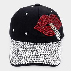 Black W Silver Crystal Rhinestone Brim Bling Embellished Red Lip Stick Baseball Cap Hat Trendy Fashion Statement Accessories Crown Circumference : 23" Crown Height : 4.25" Brim Width : 2.75" Adjustable Strap Closure 100% Cotton Color : Black Lips , Mouth , Fun , Cute , Shiny , Diva , Sparkle , Womens , Studded B 0350 H Red Lip Stick, Baseball Caps Fashion, Black Lips, Sun Hats For Women, Fun Cute, Western Boho, Black Feathers, White Rhinestone, Black Rhinestone