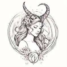 a drawing of a woman with horns and flowers on her head, in front of a circle