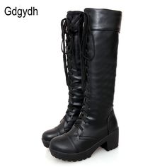 Gdgydh Large Size 43 Lace Up Knee High Boots Women Autumn Soft Leather Fashion White Square Heel Lace Up Knee High Boots, High Heel Sandals Outfit, Chelsea Boots Outfit, Over The Knee Boot Outfit, High Boots Outfit, Gothic Boots, Womens Black Booties, Black Knees