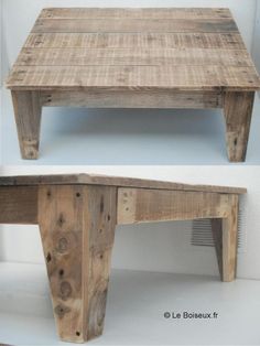 two different views of a coffee table made out of pallet wood, one with legs and the other without