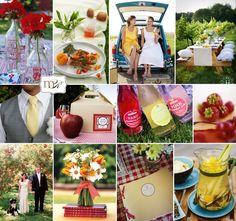 a collage of photos with people and food in them, including apples, oranges, strawberries, flowers, lemonade, watermelon