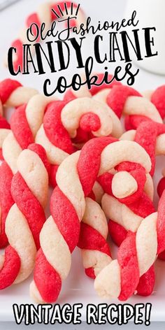 some red and white candy cane cookies on a plate with the words old fashioned candy cane cookies