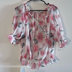 Simple Flavor Pink Semi Sheer Floral Bishops Sleeve Off Shoulder Top Nwt Size Large Feminine White Blouse With Floral Print, White Feminine Blouse For Vacation, Feminine White Blouse For Vacation, White Flowy Blouse For Daywear, White Flowy Blouse For Spring, Bishop Sleeve, Off Shoulder Top, Off Shoulder Tops, Pink White