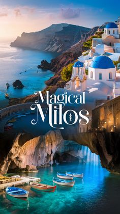 Dreamy collage of Milos island in Greece, with iconic blue-domed buildings, turquoise waters, ancient ruins, and scenic caves. Greece Travel Itinerary, Toronto Vacation, Sarakiniko Beach, Greek Islands Vacation, Breathtaking Sunsets, Milos Greece, Travel To Greece, Greece Italy, Greece Trip