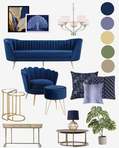 a living room with blue furniture and accessories