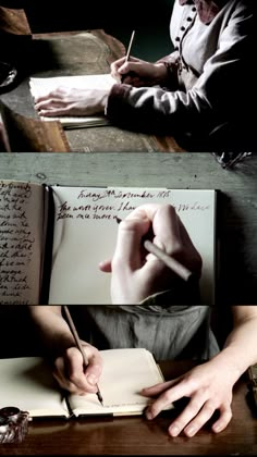 two pictures of people writing on paper and using a pen