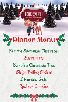 Rudolph the Red-Nosed Reindeer Themed Dinner featuring Sam the Snowman Cheeseball, Santa Hats, Bumble's Christmas Tree, Sleigh Pulling Sliders, Silver and Gold, Rudolph Cookies Movie Night Menu Ideas For Adults, Reindeer Christmas Theme, Christmas Movie Food Theme, Rudolph Party Ideas, Christmas Movie Night Dinner, Movie Themed Dinner Ideas Adult, Family Movie Themed Dinner Ideas