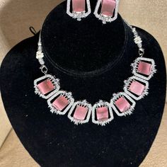 Beautiful Statement Necklace Embedded With Silver Cz Stones And Pink Square Doublet Stones. Pink Choker, Pink Square, Pink Jewelry, American Diamond, Earrings Color, Cz Stone, Necklace Silver, Stone Settings, Silver Necklaces