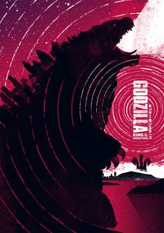 the godzilla movie poster is shown in red and purple tones, with an abstract background