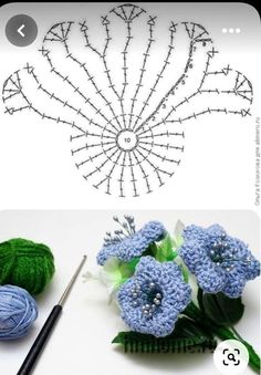 crochet flowers and yarn are on the table next to an image of knitting needles