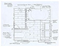 a drawing of a bathroom with plans for the tub and toilet area, including an overhead shower