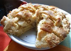 a pie on a plate with one slice cut out