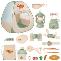 a collection of toys including a tent and other items to make it look like they are camping