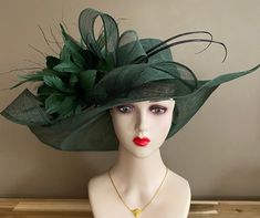 Emerald/dark Green Wide Brim Church Carriage Kentucky Derby - Etsy Elegant Hat With Feather Trim And Short Brim, Elegant Short Brim Hat With Feather Trim, Elegant Wide Brim Hat With Feather Trim, Elegant Hats With Feather Trim And Flat Brim, Elegant Hat With Feather Trim And Flat Brim, Elegant Mini Hat With Feather Trim And Curved Brim, Elegant Flat Brim Hat With Feather Trim, Elegant Summer Top Hat With Feather Trim, Elegant Kentucky Derby Hat With Feather Trim