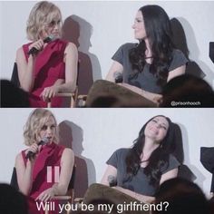 two women sitting in chairs talking into microphones with the caption will you be my girlfriend?