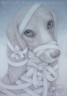 a pencil drawing of a dog with ribbons around its neck