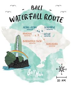 an illustrated map with the names of different towns in each country, including water fall route