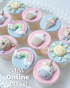 cupcakes decorated with pastel icing are on a white platter and the words new online class