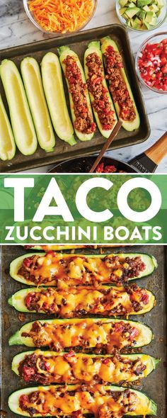 zucchini boats with cheese and other toppings on the side, along with text overlay that reads taco zucchini boats