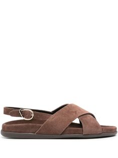 cedar brown calf suede almond open toe crossover strap at the toe buckle-fastening slingback strap branded leather insole flat rubber sole Brown Suede Sandals With Tang Buckle, Brown Leather Cross Strap Slingback Sandals, Brown Open Toe Footbed Sandals With Suede Lining, Suede Slingback Sandals With Buckle Closure, Brown Suede Slingback Sandals, Brown Open Toe Suede Slingback Sandals, Brown Suede Open Toe Slingback Sandals, Sandals Brown, Ancient Greek Sandals