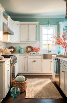 a kitchen with white cabinets and blue walls