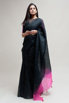 Black bandhani pattern saree, accentuated with a dip dyed pallu in hot pink colour. Comes with an unstitched blouse piece - Aza Fashions Black Block Print Saree With Traditional Drape, Black Saree With Block Print And Traditional Drape, Unstitched Black Saree With Block Print, Black Block Print Blouse Piece For Diwali, Black Chanderi Traditional Wear With Block Print, Black Blouse Piece With Block Print For Diwali, Navratri Black Cotton Silk Saree, Diwali Black Blouse Piece With Block Print, Black Cotton Silk Saree For Navratri