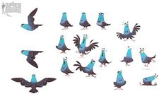 a group of blue birds standing next to each other