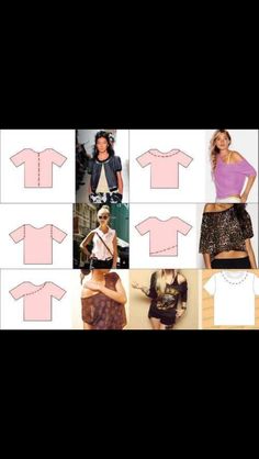 a collage of photos showing different types of tops and skirts, including one with the same