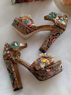 Summer Embellished High Heel Wedding Shoes, Summer Wedding High Heel Embellished Shoes, Summer Wedding High Heels Embellished, Embellished Round Toe Summer Wedding Shoes, Embellished Round Toe Wedding Shoes For Summer, Multicolor Embellished Open Toe Heels, Multicolor High Heel Wedding Shoes, Multicolor High Heels For Wedding, Luxury High Heel Wedding Shoes For Summer