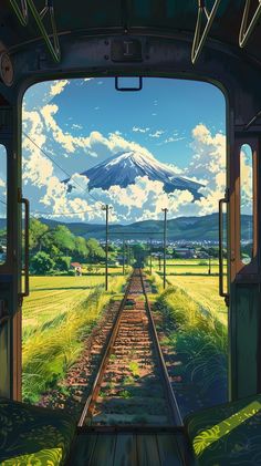 an open train door with the view of a mountain in the distance and trees on either side