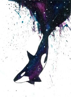 an abstract painting of a shark in purple and blue colors with splashes on it