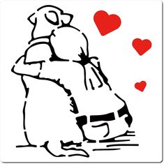 a black and white drawing of two people hugging each other with hearts in the background