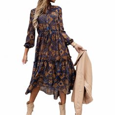 Vestido Casual OL Lady Vintage Maxi Dress Polyester Dress  Floral Print V Neck Long Shirt Dress for Long Sleeve Printed Boho Dress For Fall, Fall Long Sleeve Printed Boho Dress, Fall Boho Long Sleeve Printed Dress, Flowy Patterned Maxi Dress For Fall, Flowy Long Sleeve Printed Midi Dress, Long Sleeve Printed Shift Midi Dress, Long Sleeve Printed Midi Dress, Fall Vacation Maxi Shirt Dress, Patterned Long Sleeve Boho Dress