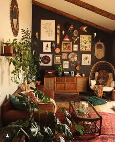 a living room filled with lots of plants and pictures on the wall next to a couch