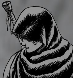 a black and white drawing of a person wearing a scarf