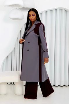 Introducing our sophisticated Grey and Aubergine Detail Grace Trench Coat, a perfect blend of timeless style and modern flair. This trench coat is meticulously crafted for the fashion-forward individual who appreciates subtle yet impactful design elements. Key Features: Premium Fabric: Constructed from a high-quality, durable blend of materials, ensuring both comfort and longevity. The soft grey base is versatile and easily complements any wardrobe. Aubergine Accents: Rich aubergine(Dark Purple) Elegant Purple Double-breasted Blazer, Purple Long Coat For Formal Occasions, Formal Purple Long Coat, Purple Notch Lapel Outerwear For Office, Elegant Purple Outerwear For Work, Trenchcoat Style, Mode Mantel, Double Breasted Overcoat, Metallic Jeans