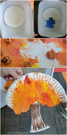 the process of making a paper plate tree with orange and yellow paint on it's surface