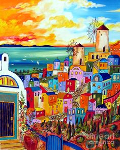 a painting of a colorful city by the ocean with windmills and buildings on it