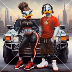 two cartoon characters sitting on the hood of a car