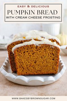 pumpkin bread with cream cheese frosting on a plate