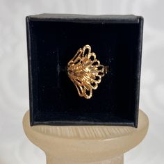 "Vintage Ring - Vintage Gold Tone Gold Plated Etched Laser Cut Ring - Open Work Filigree - \"Diamond Cut\" - Feminine - Size 9 US Brand: Unsigned   Era: Circa 1980's Description: - Cute Ring; Casual Statement - Gold Plated -\"Diamond Cut\" Etched - Magnetic Condition:  Good Some Fading to Back of Band Size: 6 US R34 Some of my pieces are vintage with a natural patina that many clients enjoy. I love cleaning jewelry (I find it relaxing), I will be happy to clean a piece for you after you purchase, just let me know. Disclaimer: this may cause a short delay in shipping. Please contact me for Lay-Away Options on one or more pieces.  Please contact me with any questions or requests for further details/pictures, I will reply asap. Please also contact me to make a deal when making multiple purcha Laser Cut Ring, Feminine Brand, Cute Rings, Vintage Ring, Ring Vintage, Cleaning Jewelry, Diamond Cut, Rings Statement, Vintage Gold