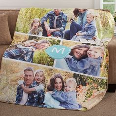 a family photo blanket on a couch with the letter m in it and three photos