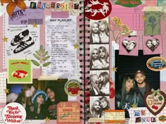 a scrapbook with many different pictures and words on it's cover, including an image of two people